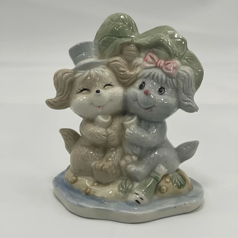 Vintage Porcelain Dogs Puppy Love Figurines Island Tropical Palm Tree Bow‎ Hat